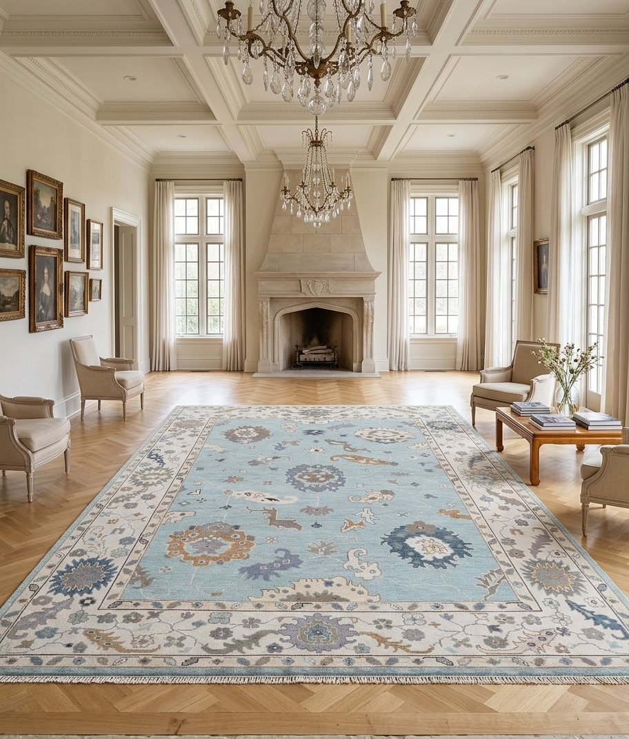 Hand Knotted Oushak Rug 8x10, Light Blue Vintage Turkish Wool Rug, Ivory Border Floral Carpet, Handmade Luxury Area Rug Custom