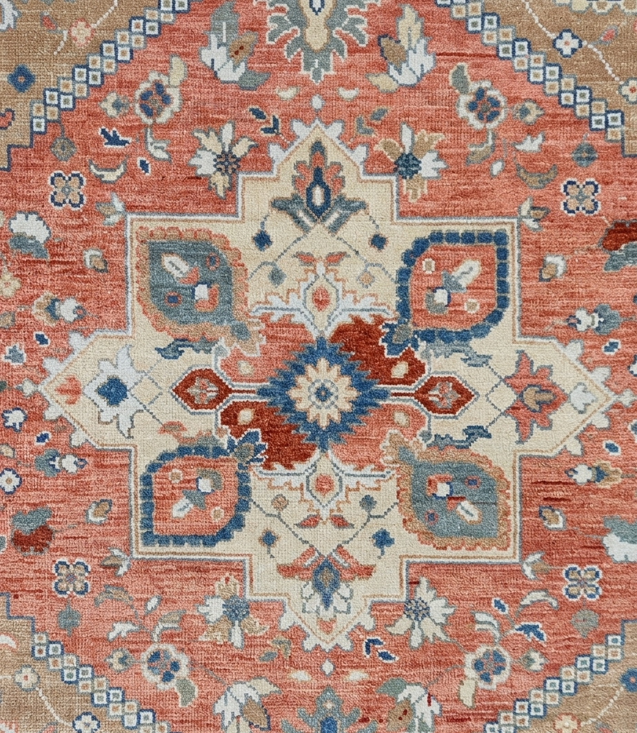 Hand Knotted Oushak Rug, Terracotta Coral & Beige Turkish Wool Rug, Vintage Medallion Oriental Carpet, Handmade Floral Area Rug, Custom Size