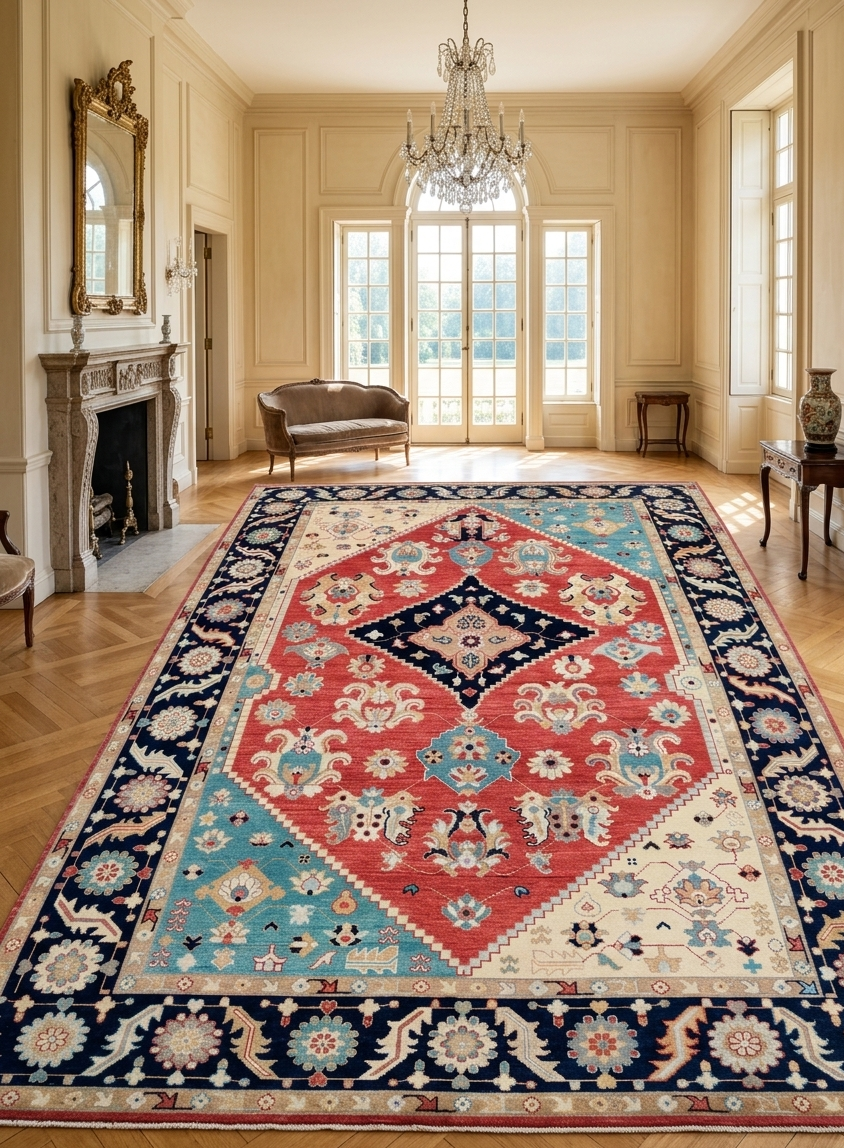 Hand Knotted Oushak Rug, Red Navy Blue Wool Oriental Carpet, Floral Medallion Area Rug
