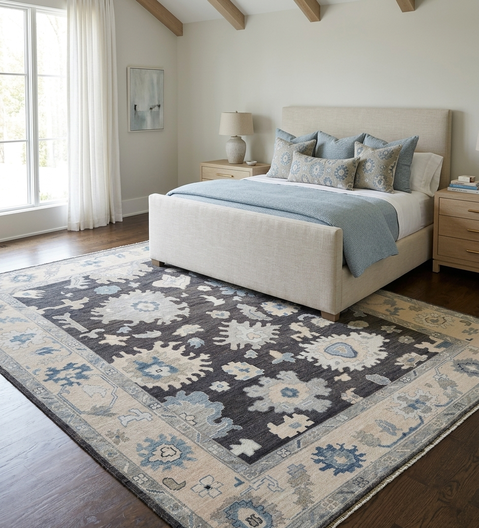 Hand Knotted Oushak Rug 8x10, Charcoal Black Vintage Turkish Wool Rug, Ivory Border Floral Handmade Carpet, Luxury Area Rug Custom
