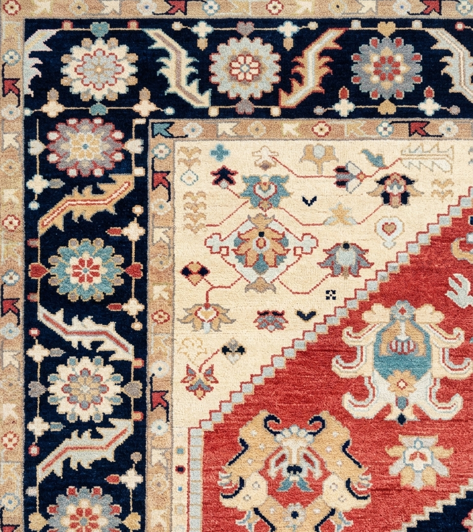 Hand Knotted Oushak Rug, Red Navy Blue Wool Oriental Carpet, Floral Medallion Area Rug