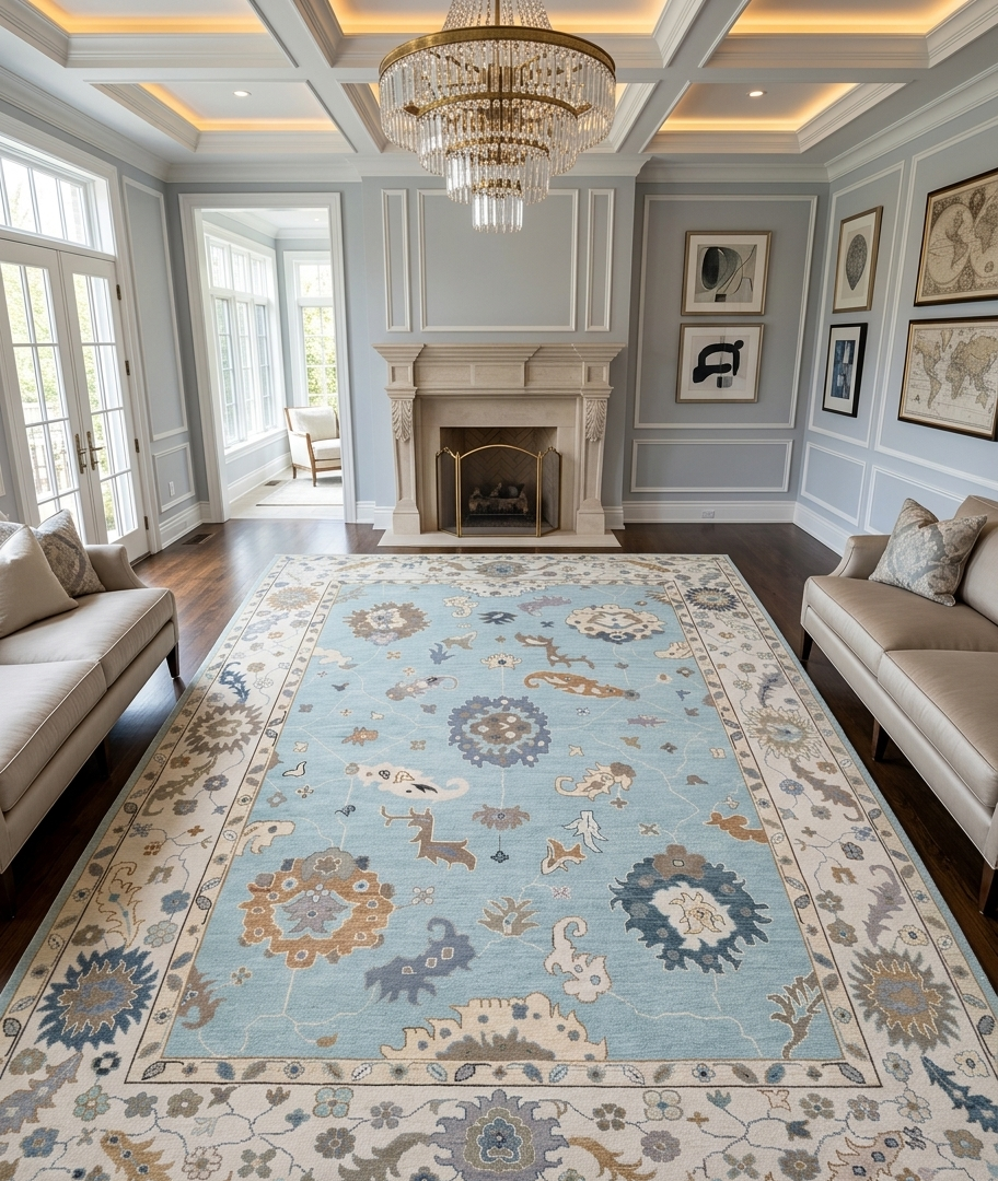 Hand Knotted Oushak Rug 8x10, Light Blue Vintage Turkish Wool Rug, Ivory Border Floral Carpet, Handmade Luxury Area Rug Custom