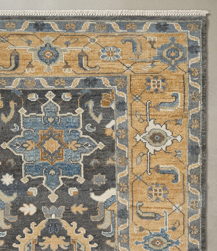 Hand Knotted Wool Oushak Rug, Gray Beige Blue Medallion Turkish Style Carpet 8x10