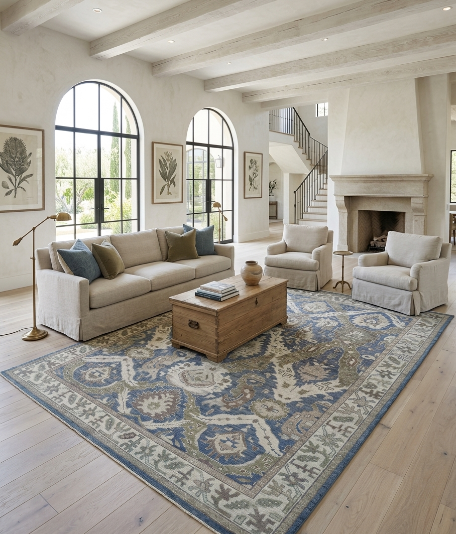 Blue Ivory Vintage Style Area Rug, Hand Knotted Wool Rug, Traditional Floral Carpet, 8x10 Living Room Rug, Custom Size Available