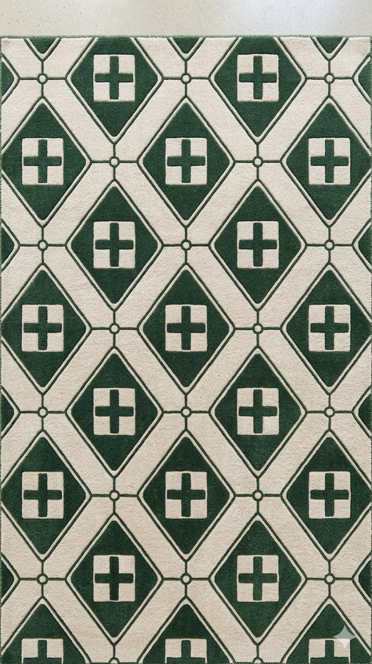 A Unique Fusion of Traditional Diamond Patterns and Contemporary Medical Plus-Sign Symbols.
