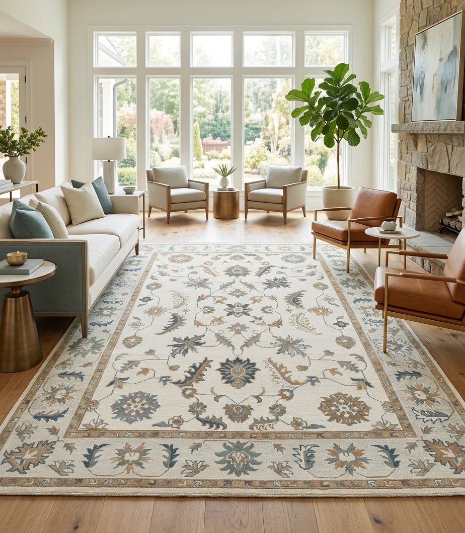 Hand Knotted Oushak Rug, Ivory Beige Turkish Wool Rug, Vintage Floral Oriental Carpet, Neutral Handmade Area Rug, Custom Size Rug Regalia