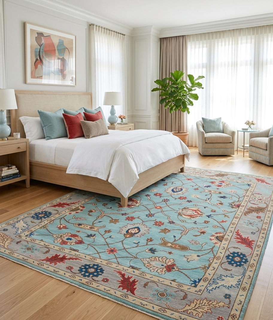 Blue Oushak Rug 8x10 Hand Knotted Wool Turkish Rug, Vintage Floral Area Rug, Light Blue Living Room Rug, Custom Size Rug