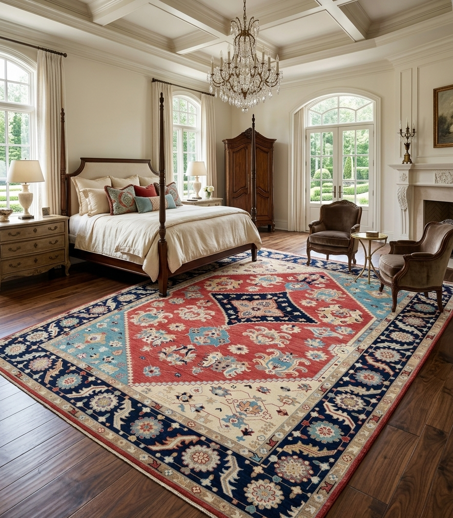 Hand Knotted Oushak Rug, Red Navy Blue Wool Oriental Carpet, Floral Medallion Area Rug