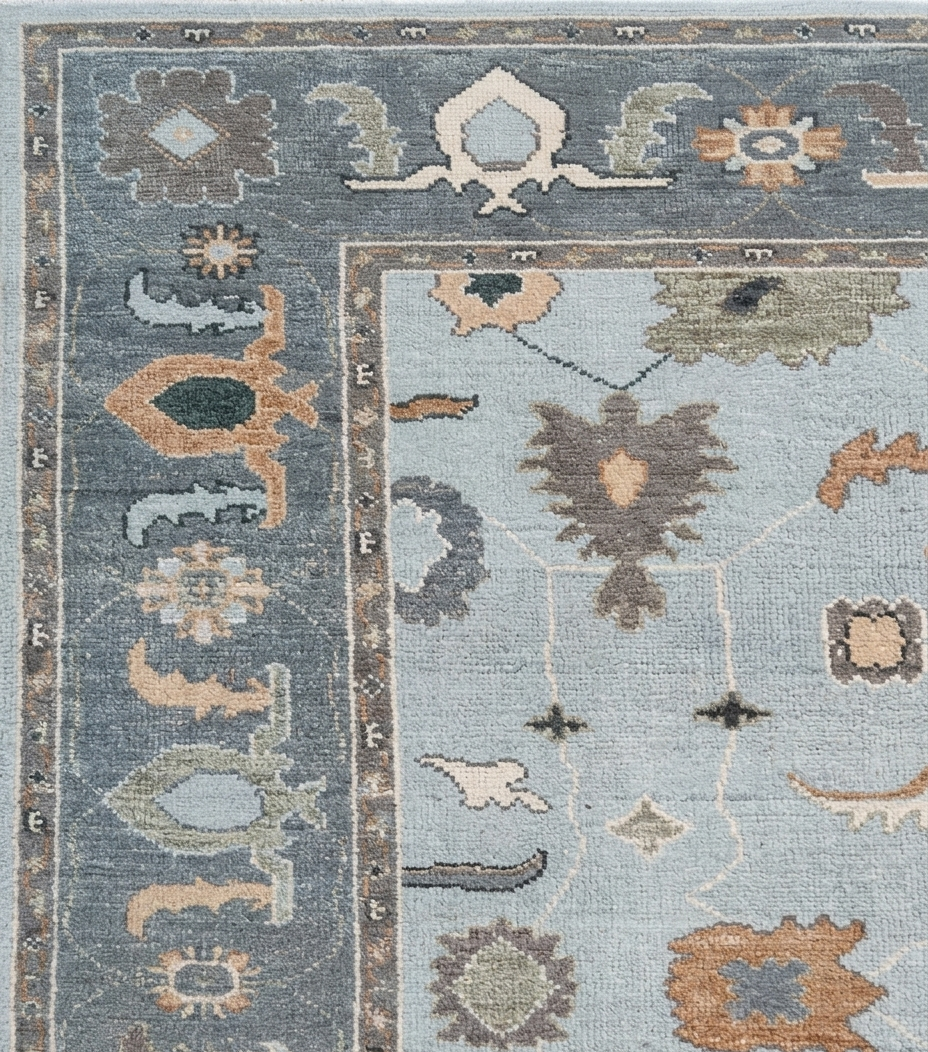 Light Blue Turkish Vintage Wool Carpet, Traditional Geometric Medallion Rug, Soft Pastel Handmade Area Rug for Living Room Bedroom