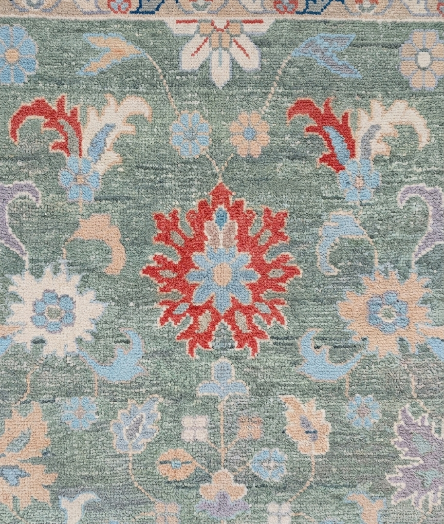 Hand Knotted Oushak Rug 9x12 Ft – Sage Green & Ivory Vintage Turkish Wool Carpet, Floral Medallion Area Rug for Living Room