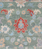 Hand Knotted Oushak Rug 9x12 Ft – Sage Green & Ivory Vintage Turkish Wool Carpet, Floral Medallion Area Rug for Living Room
