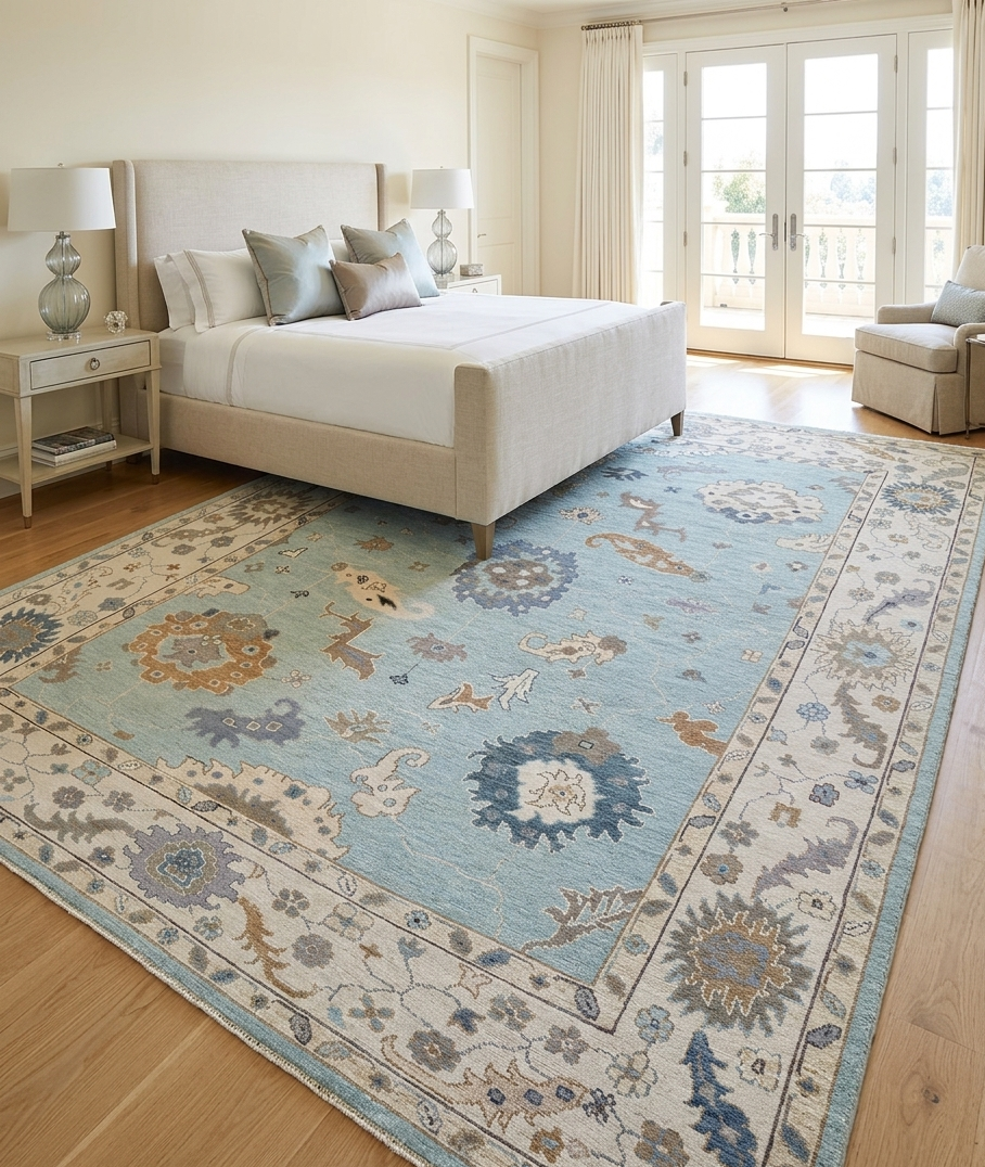 Hand Knotted Oushak Rug 8x10, Light Blue Vintage Turkish Wool Rug, Ivory Border Floral Carpet, Handmade Luxury Area Rug Custom