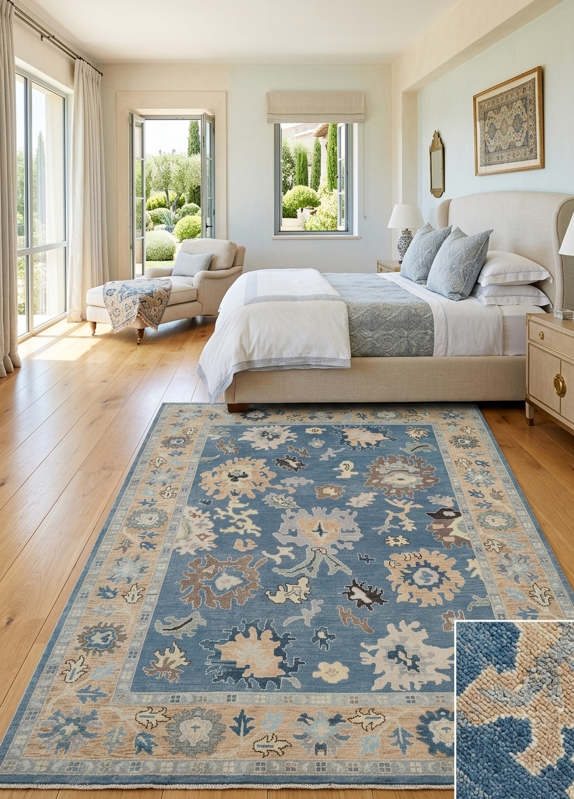 Hand Knotted Oushak Rug 8x10, Blue Field Beige Border Vintage Turkish Wool Rug, Floral Handmade Carpet, Luxury Area Rug Custom