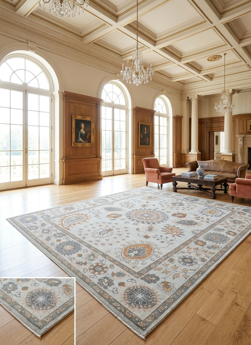 Ivory Oushak Rug 8x10 Hand Knotted Wool Turkish Rug, Vintage Floral Neutral Area Rug, Beige Living Room Rug, Custom Size