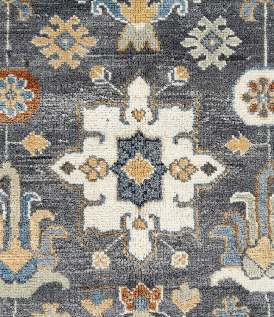 Hand Knotted Wool Oushak Rug, Gray Beige Blue Medallion Turkish Style Carpet 8x10