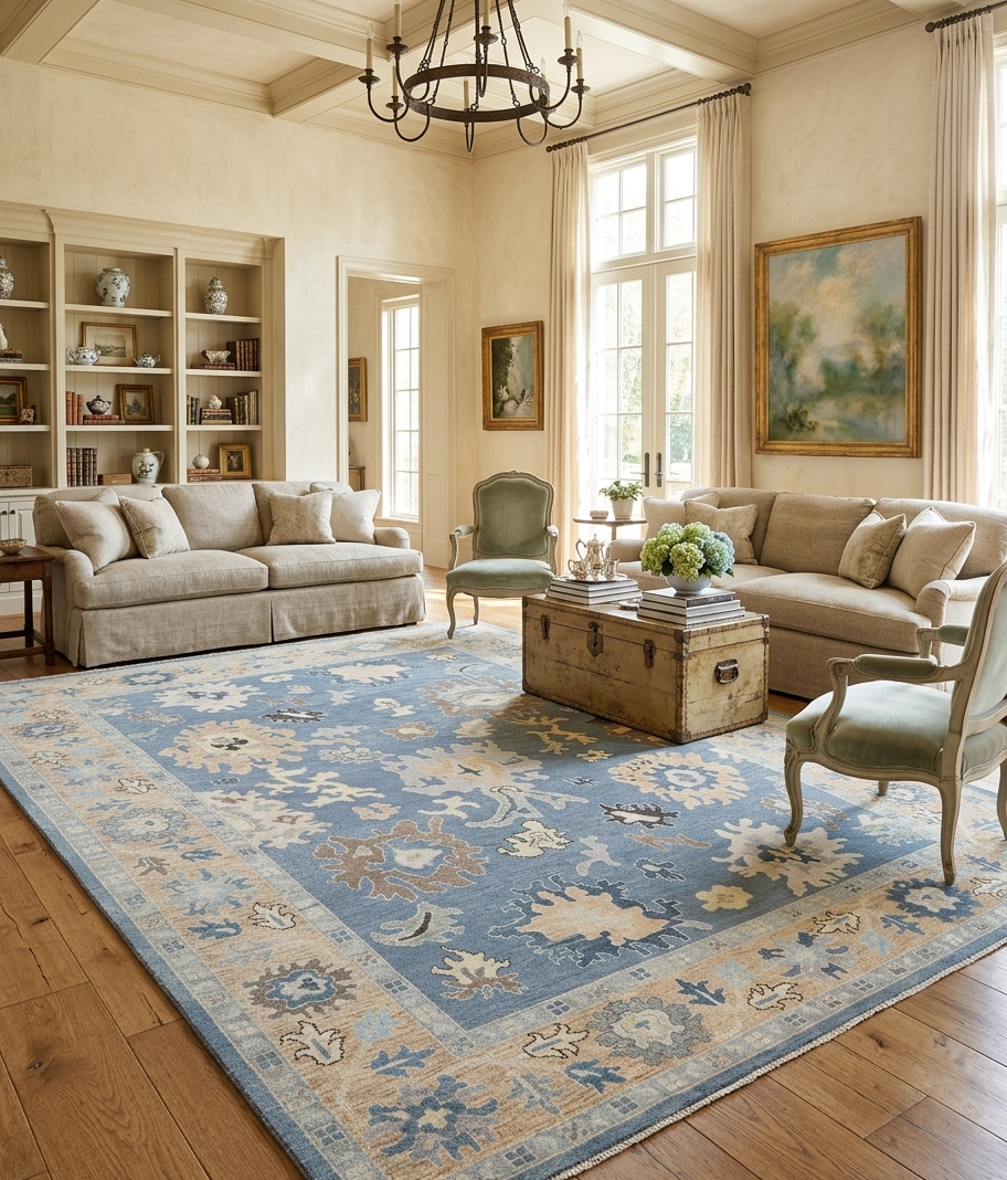Hand Knotted Oushak Rug 8x10, Blue Field Beige Border Vintage Turkish Wool Rug, Floral Handmade Carpet, Luxury Area Rug Custom