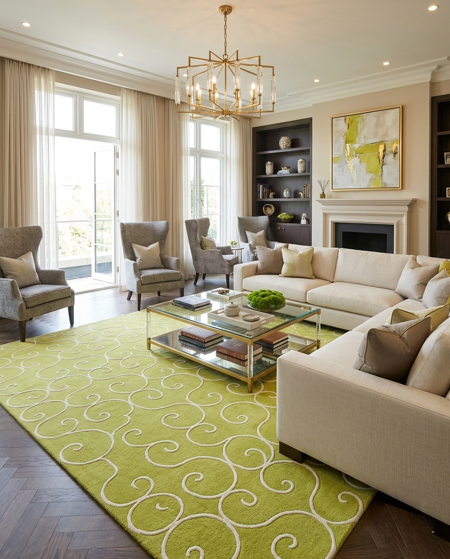 Rug Regalia Hand Tufted Wool Rug | Scroll Vine Pattern | Modern Decorative Design | 8x10 Ft | Lime Green & White