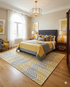 Rug Regalia Hand Tufted Wool Rug | Chevron Herringbone Pattern | Modern Geometric Design | 8x10 Ft | Yellow & Grey on Ivory
