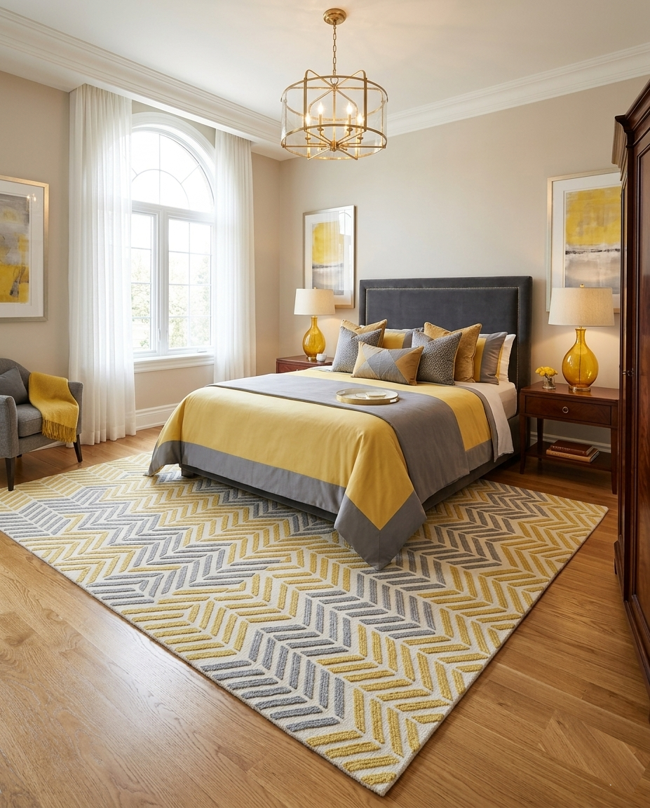 Rug Regalia Hand Tufted Wool Rug | Chevron Herringbone Pattern | Modern Geometric Design | 8x10 Ft | Yellow & Grey on Ivory