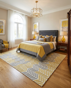 Rug Regalia Hand Tufted Wool Rug | Chevron Herringbone Pattern | Modern Geometric Design | 8x10 Ft | Yellow & Grey on Ivory