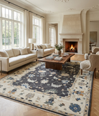 Hand-Knotted Charcoal Ivory Floral Oriental Wool Rug, Vintage Turkish Oushak Carpet
