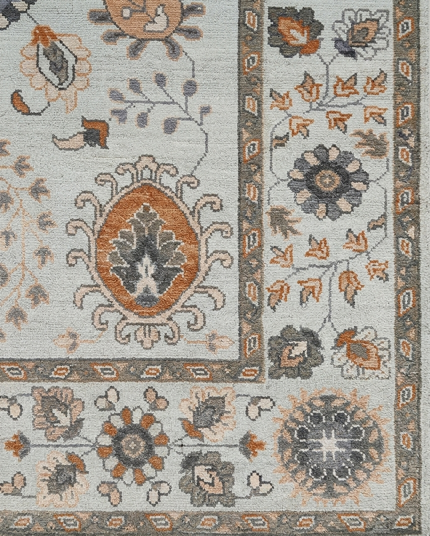 Ivory Oushak Rug 8x10 Hand Knotted Wool Turkish Rug, Vintage Floral Neutral Area Rug, Beige Living Room Rug, Custom Size