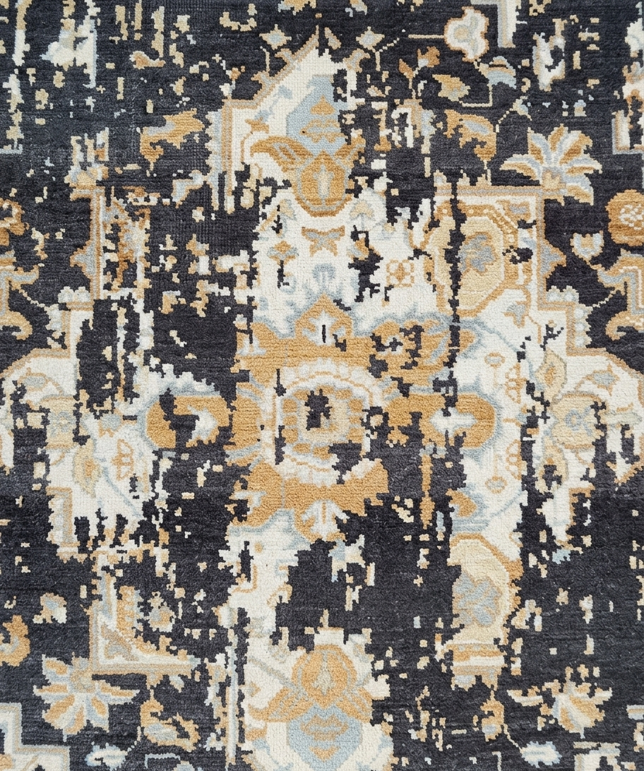 Vintage Distressed Turkish Style Wool Carpet, Beige Ivory Charcoal Black Antique Look Area Rug for Living Room, Bedroom hand knotted rug