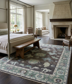 Hand Knotted Oushak Rug – Vintage Turkish Wool Carpet, Soft Green & Charcoal Medallion Design