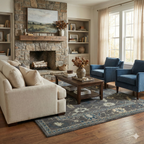 Hand-Knotted Oushak Wool Rug - Charcoal Gray with Blue & Ivory Accents | Luxury Turkish Handmade Carpet by Rug Regalia