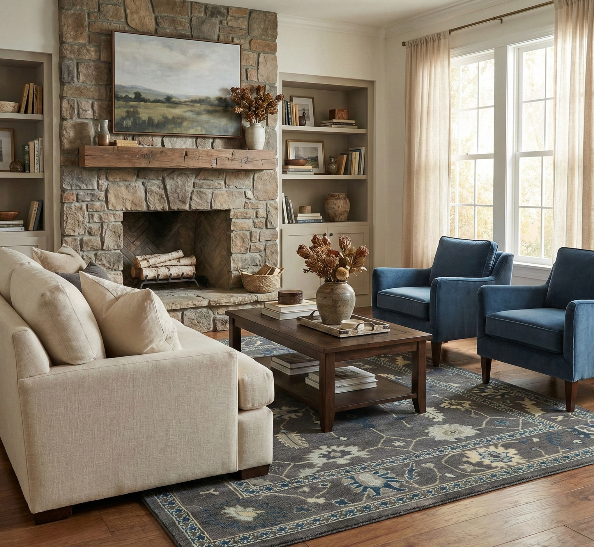 Hand-Knotted Oushak Wool Rug - Charcoal Gray with Blue & Ivory Accents | Luxury Turkish Handmade Carpet by Rug Regalia