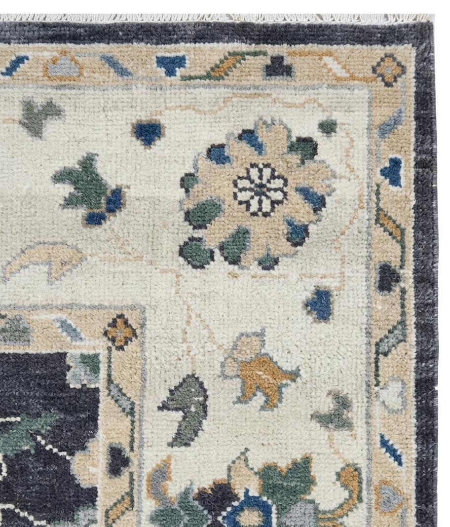 Hand-Knotted Charcoal Ivory Floral Oriental Wool Rug, Vintage Turkish Oushak Carpet