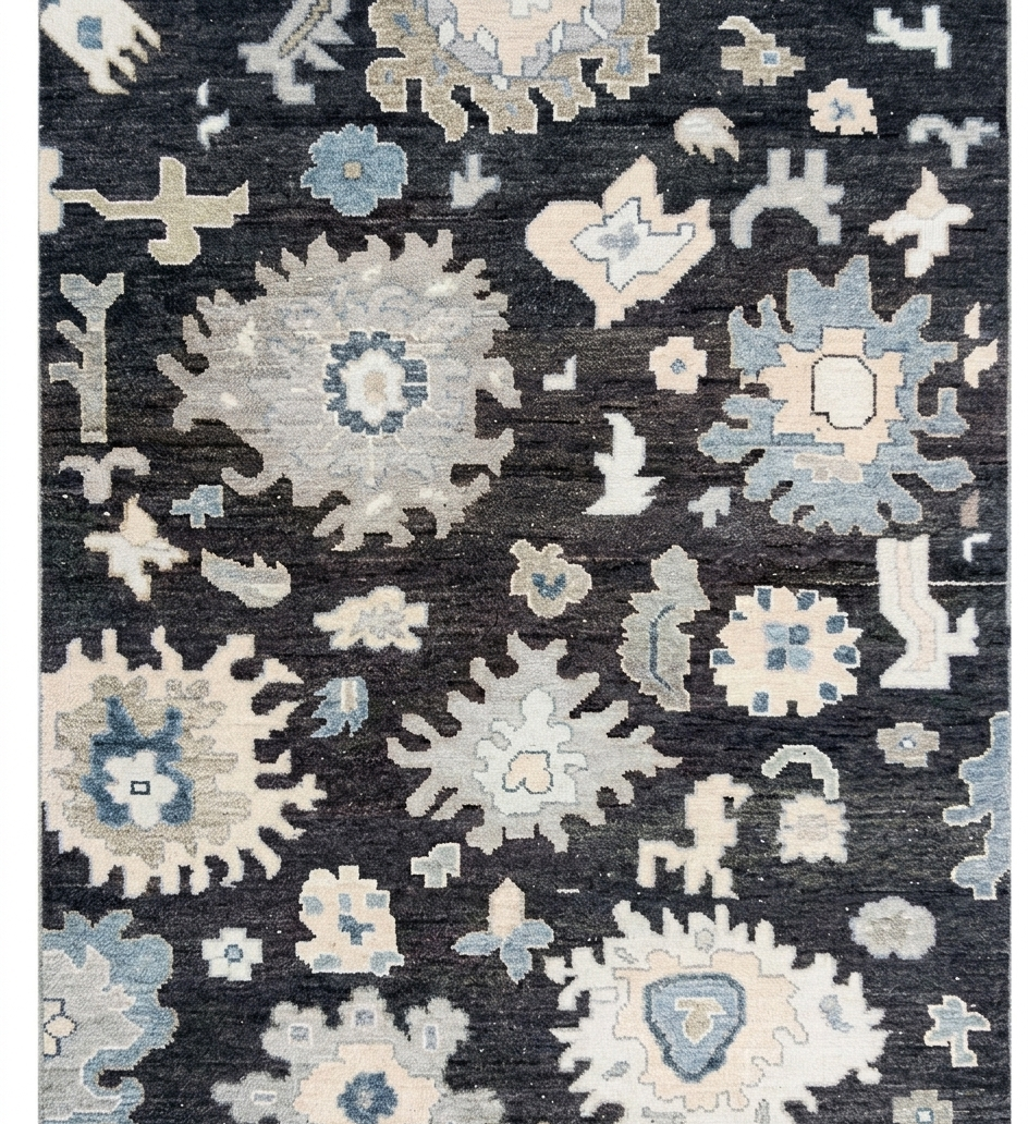 Hand Knotted Oushak Rug 8x10, Charcoal Black Vintage Turkish Wool Rug, Ivory Border Floral Handmade Carpet, Luxury Area Rug Custom