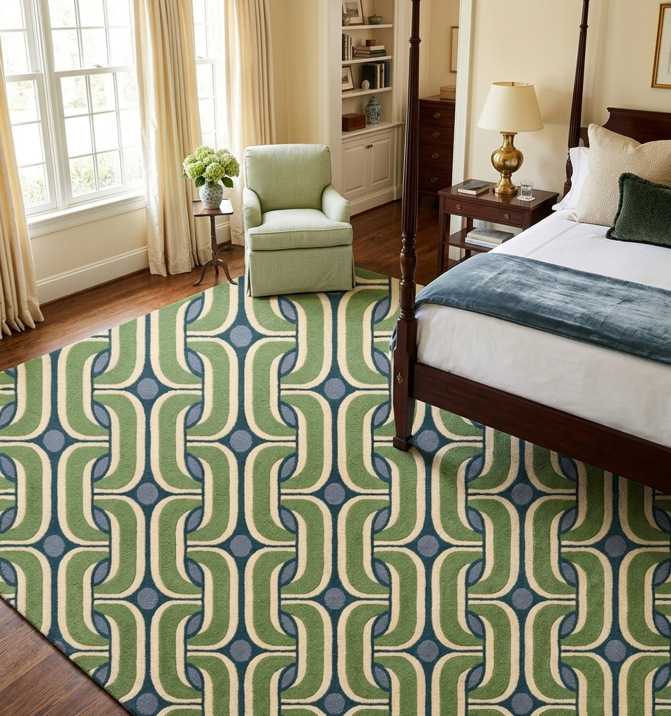 Loomora Wool Hand Tufted Rug Retro Geometric Wave Pattern Modern Design 9x12 Green Blue Ivory