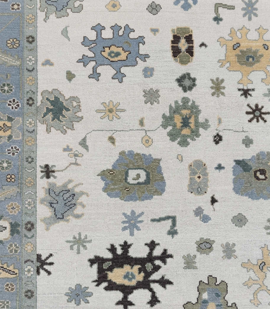 Hand Knotted Oushak Rug – Ivory & Soft Blue Turkish Wool Carpet, Vintage Geometric Medallion Handmade Area Rug for Living Room Bedroom