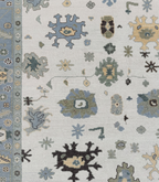 Hand Knotted Oushak Rug – Ivory & Soft Blue Turkish Wool Carpet, Vintage Geometric Medallion Handmade Area Rug for Living Room Bedroom