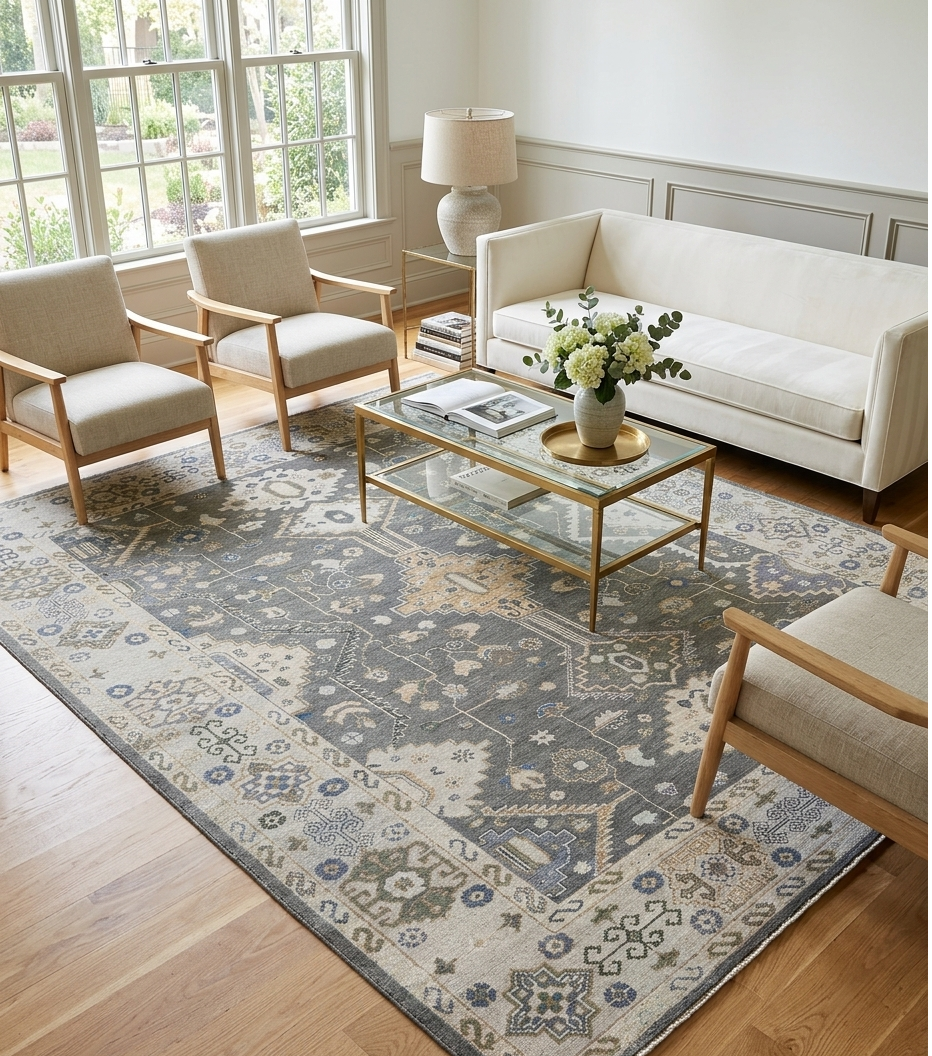 Hand Knotted Oushak Rug 8x10, Grey Vintage Turkish Wool Rug, Ivory Border Geometric Floral Carpet, Handmade Luxury Area Rug Custom