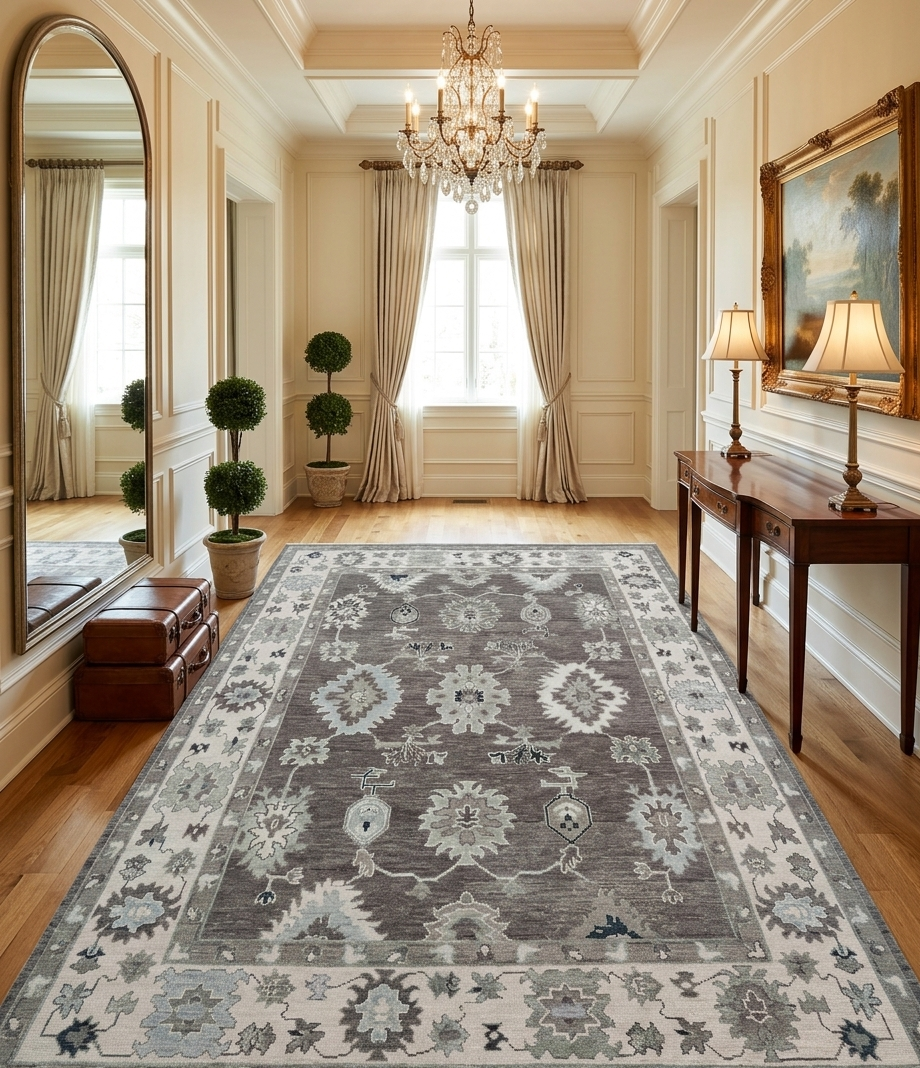 Hand Knotted Oushak Rug 9x12 Ft – Taupe Brown & Ivory Vintage Turkish Wool Carpet, Traditional Floral Medallion Area Rug