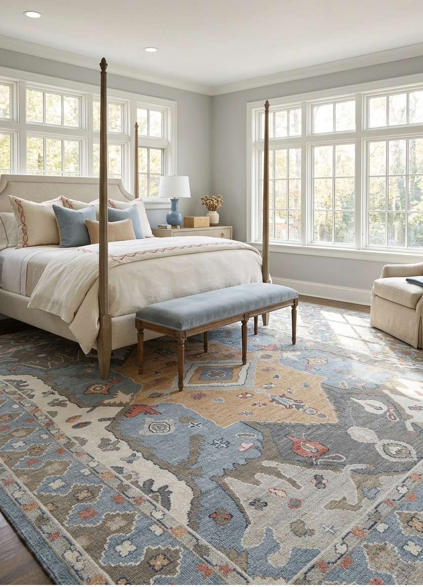 Blue Oushak Rug 8x10 – Hand Knotted Wool Turkish Vintage Area Rug