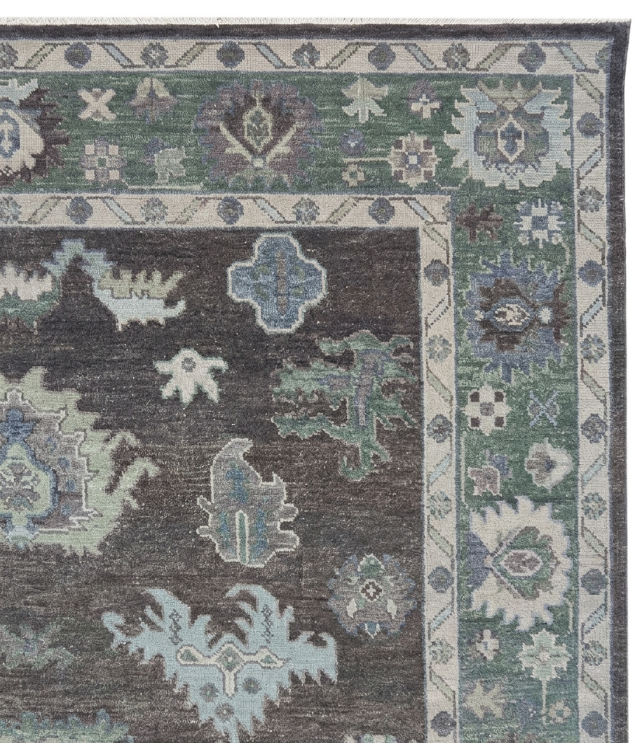 Hand Knotted Oushak Rug – Vintage Turkish Wool Carpet, Soft Green & Charcoal Medallion Design
