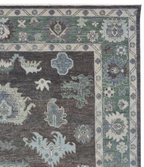 Hand Knotted Oushak Rug – Vintage Turkish Wool Carpet, Soft Green & Charcoal Medallion Design
