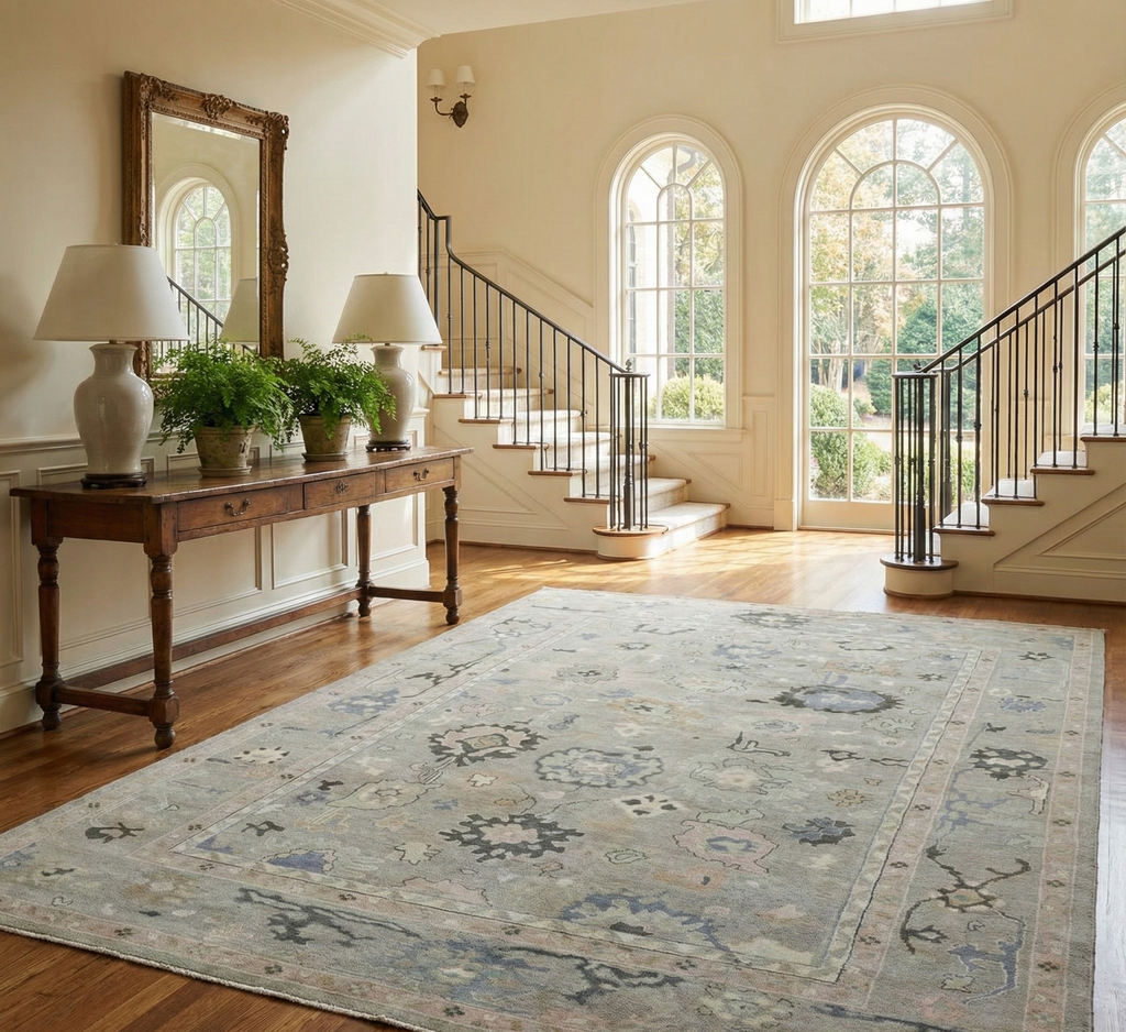 Hand-Knotted Oushak Wool Rug - Soft Gray & Pastel Floral Pattern | Rug Regalia