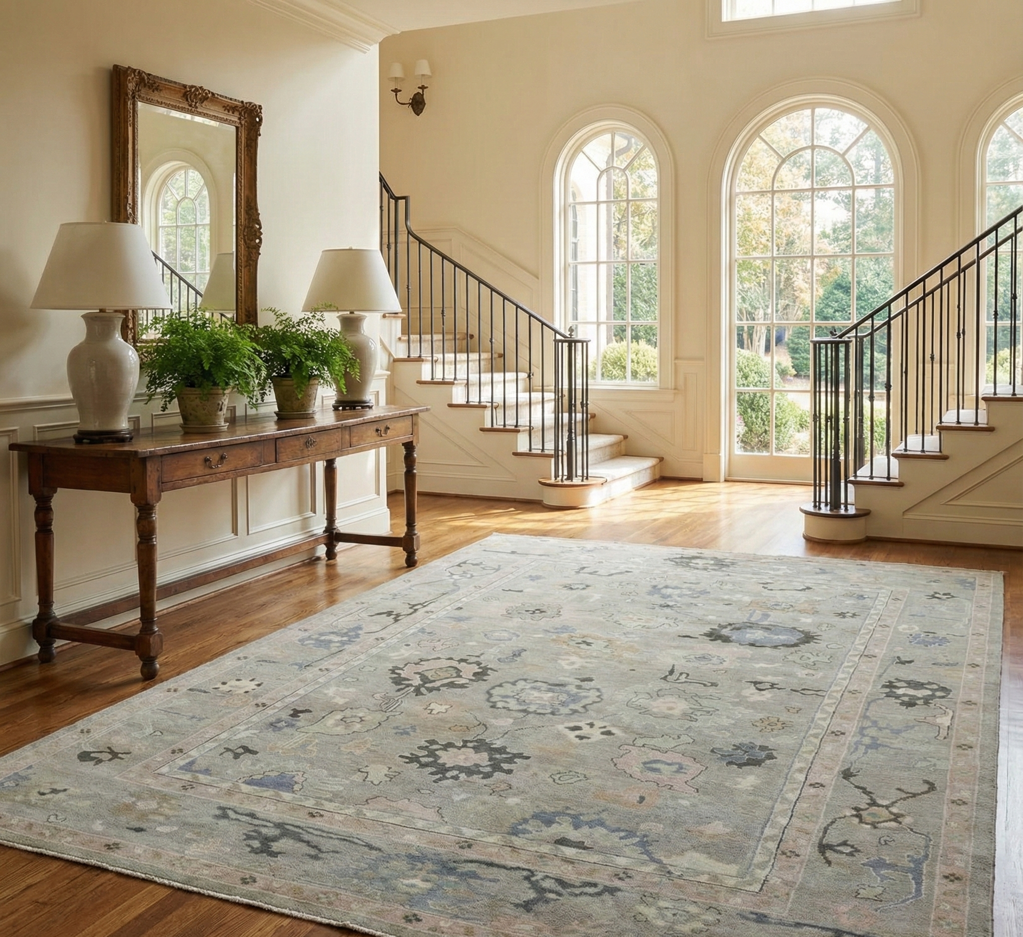 Hand-Knotted Oushak Wool Rug - Soft Gray & Pastel Floral Pattern | Rug Regalia