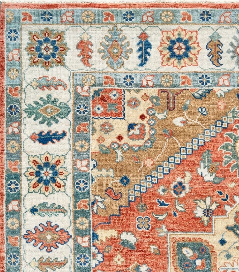 Hand Knotted Oushak Rug, Terracotta Coral & Beige Turkish Wool Rug, Vintage Medallion Oriental Carpet, Handmade Floral Area Rug, Custom Size