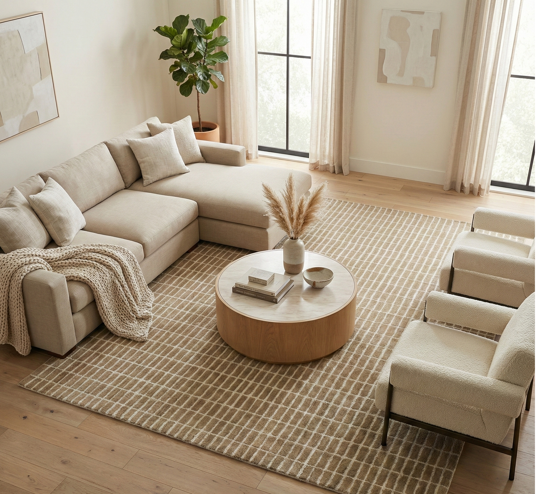 Minimalist Grid Wool Rug - Hand-Tufted Neutral Beige & Cream | Modern Scandinavian Area Rug by Rug Regalia