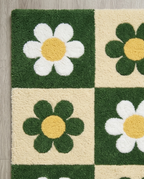 Retro Daisy Checkerboard Hand Tufted Rug – Green & Cream Floral Pattern | Modern Aesthetic Area Rug for Living Room Bedroom