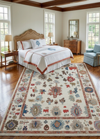 Hand Knotted Oushak Rug – Ivory Wool Traditional Floral Oriental Carpet New Zealand wool