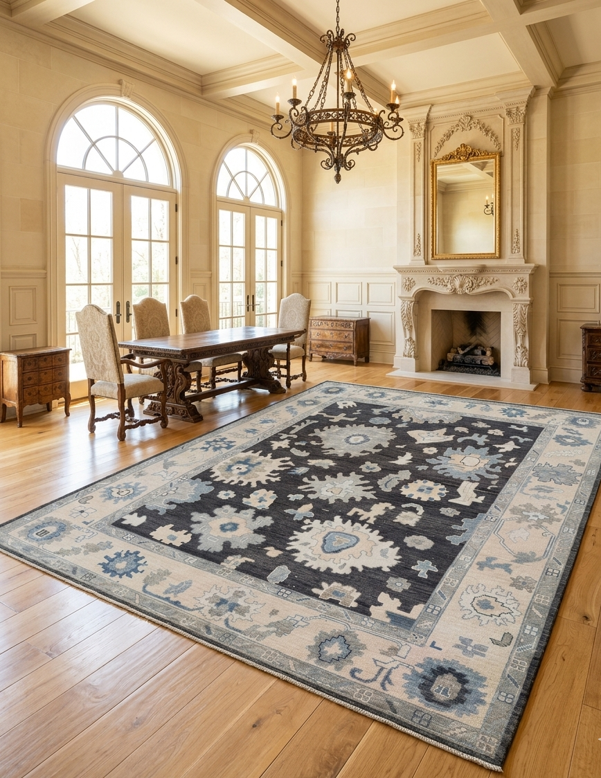 Hand Knotted Oushak Rug 8x10, Charcoal Black Vintage Turkish Wool Rug, Ivory Border Floral Handmade Carpet, Luxury Area Rug Custom