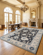 Hand Knotted Oushak Rug 8x10, Charcoal Black Vintage Turkish Wool Rug, Ivory Border Floral Handmade Carpet, Luxury Area Rug Custom