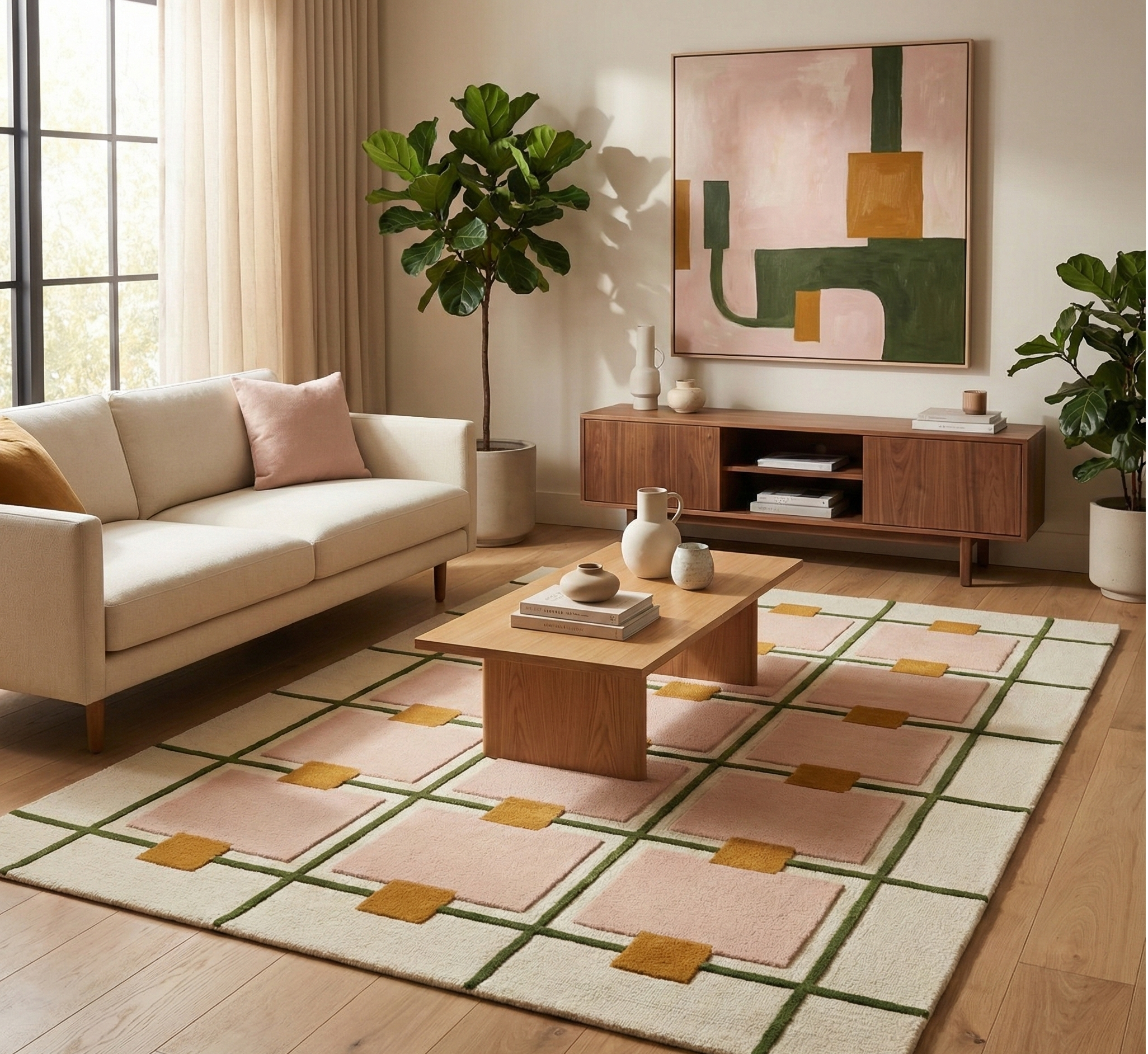 Modern Geometric Wool Rug - Hand-Tufted Minimalist Grid Design | Mid-Century Accent Rug by Rug Regalia