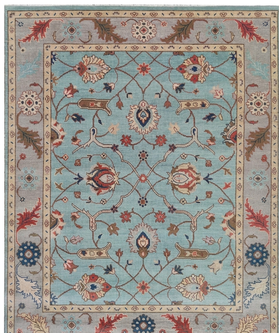 Blue Oushak Rug 8x10 Hand Knotted Wool Turkish Rug, Vintage Floral Area Rug, Light Blue Living Room Rug, Custom Size Rug